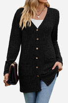 Long black lightweight ultra soft knit-like cardigan with buttons and pockets worn with jeans and white top