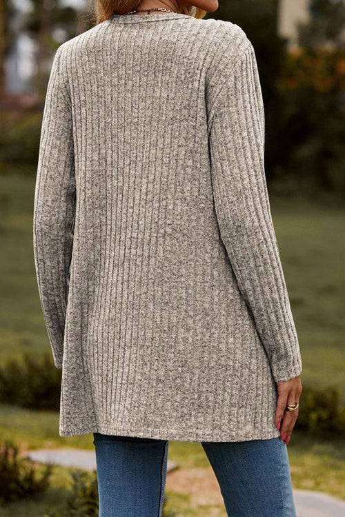 Lightweight ultra soft long knit cardigan in gray shown from back worn with jeans