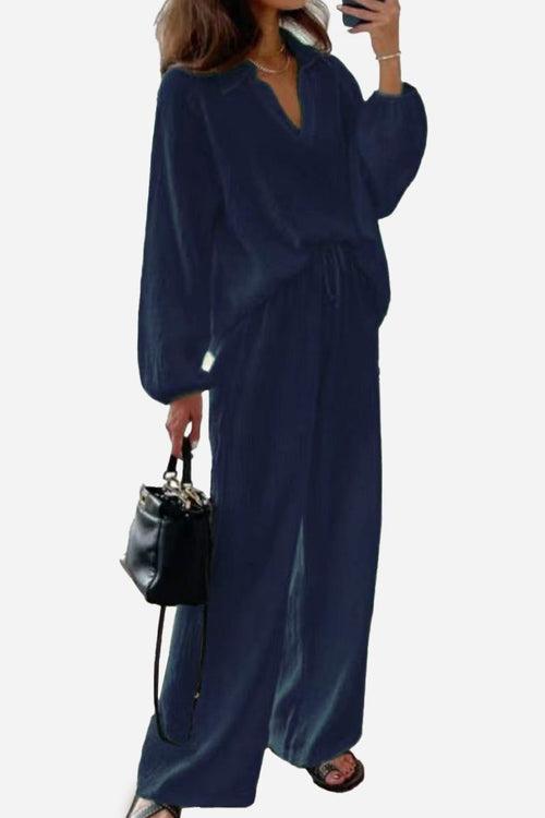 Women's navy blue 100% cotton collared two-piece set with bishop sleeves and loose fit trousers.