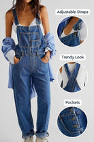 Denim-look tapered-leg adjustable bib overalls with pockets and trendy design