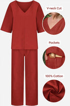 Red V-neck cotton two-piece trouser set with mid-length sleeves and pockets, made of 100% soft cotton fabric.