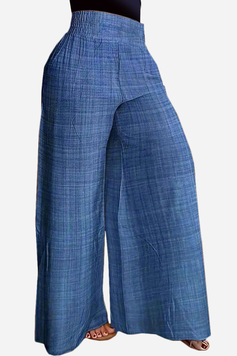 Blue high waist wide leg pants with elastic waistband and lightweight fabric