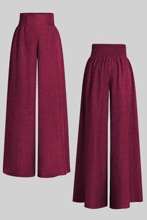 High waist wide leg pants in burgundy with elastic waistband and loose fit