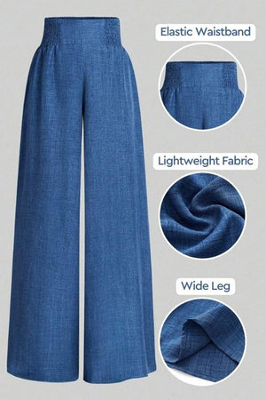 Blue high waist wide leg pants with elastic waistband and lightweight fabric