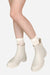 White non-slip rain boots worn with white socks on feet