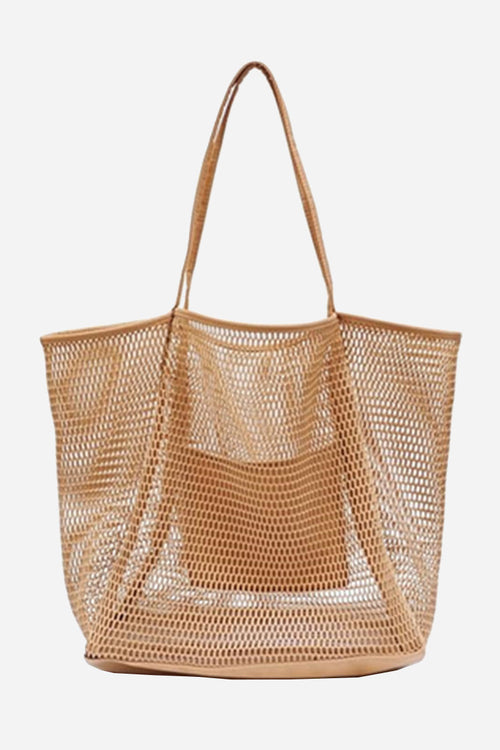 Lightweight tan breezy mesh tote bag with sturdy polyester netting and shoulder straps for versatile travel and everyday use