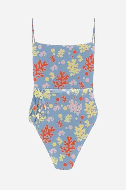 Tan-Through open back one-piece swimsuit with colorful coral print on blue background, featuring adjustable straps and high-cut legs.