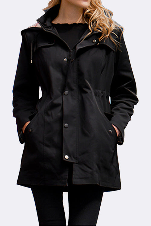 Black elegant plaid raincoat windbreaker with a feminine draw-string waist and water-resistant fabric.