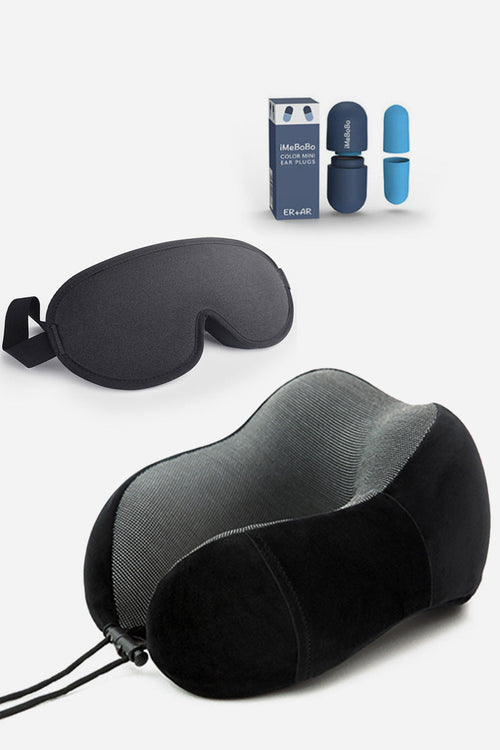 Travel Comfy Kit with memory foam neck pillow, blackout eye mask, and noise-blocking earplugs for ultimate travel comfort and relaxation