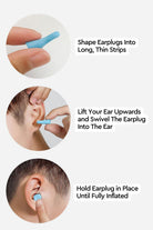 Travel Comfy Kit memory foam neck pillow, blackout eye mask, and noise-blocking earplugs with usage instructions