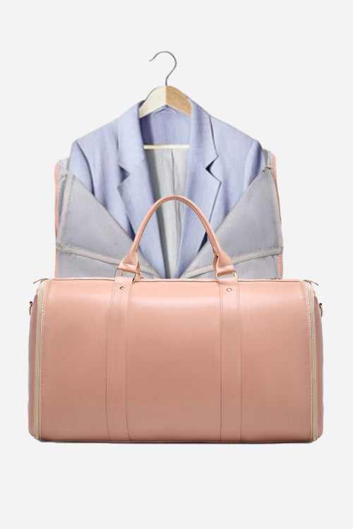 Pink No-Wrinkle Foldable Travel Bag made of waterproof PU leather with garment compartment and duffle bag design for wrinkle-free clothing storage.