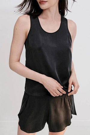 Black Mulberry silk tank top and shorts set for women, lightweight and breathable sleepwear.