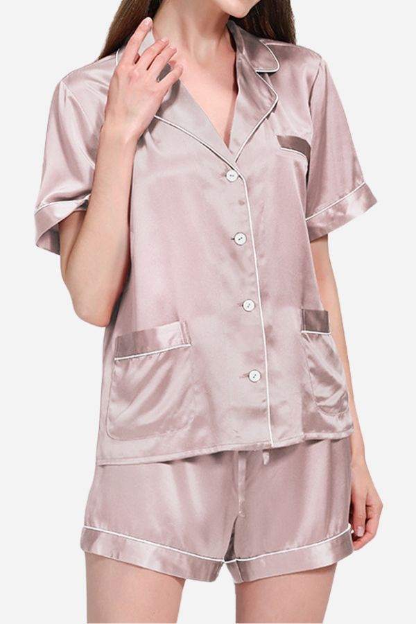 Women’s Mulberry Silk Essentials buttoned short set in soft blush pink with short sleeves and front pockets