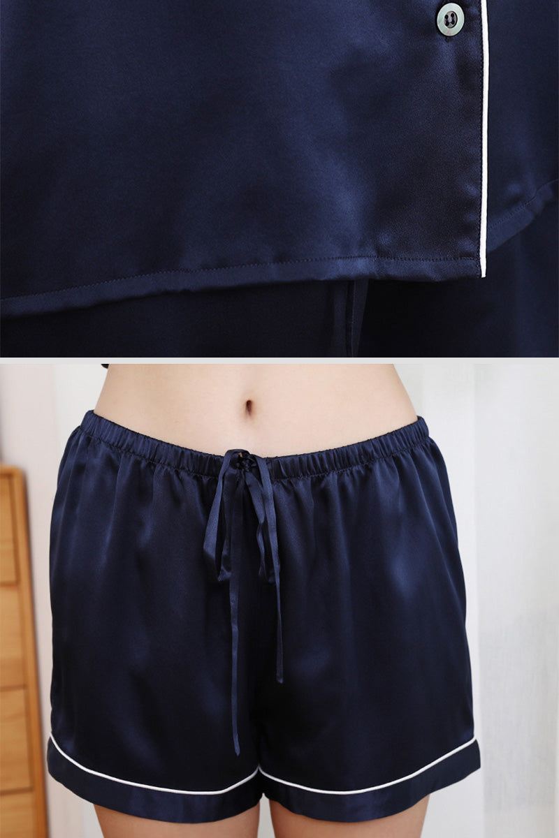 Mulberry silk couples pajamas navy blue soft breathable luxury sleepwear set