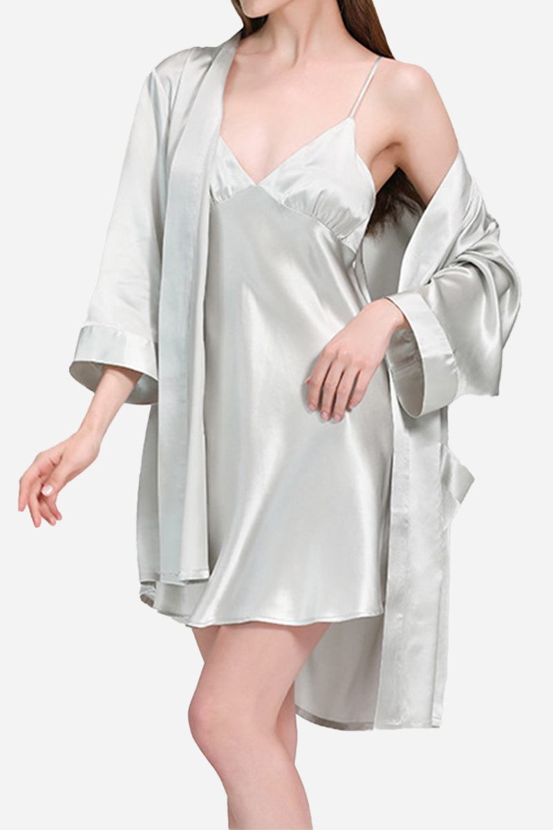 Elegant silver Mulberry Silk Nighty and matching robe set for luxurious comfort and smooth skin care.