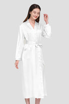 woman wearing 100% mulberry silk belted classy nightgown white long sleeve sleepwear