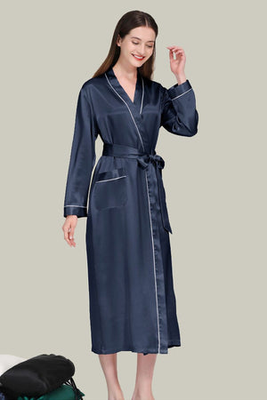 Elegant navy Mulberry Silk Nightgown with sash belt and long sleeves for comfortable, breathable wear