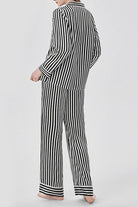 Back view of striped long sleeve mulberry silk pajama set for women