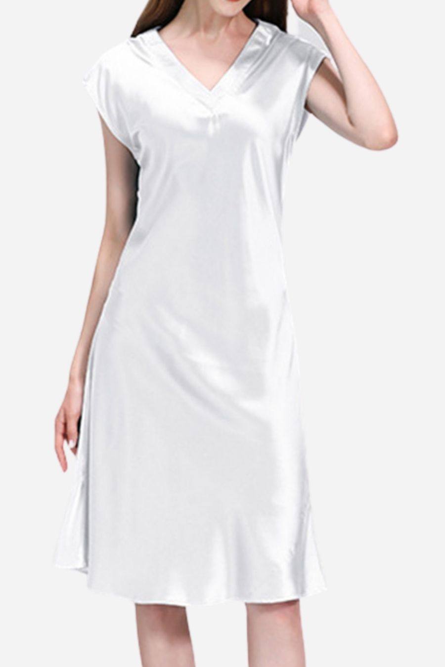 White Mulberry Silk V-Neck Nightgown with short sleeves and flowing silhouette for comfortable sleep and lounging