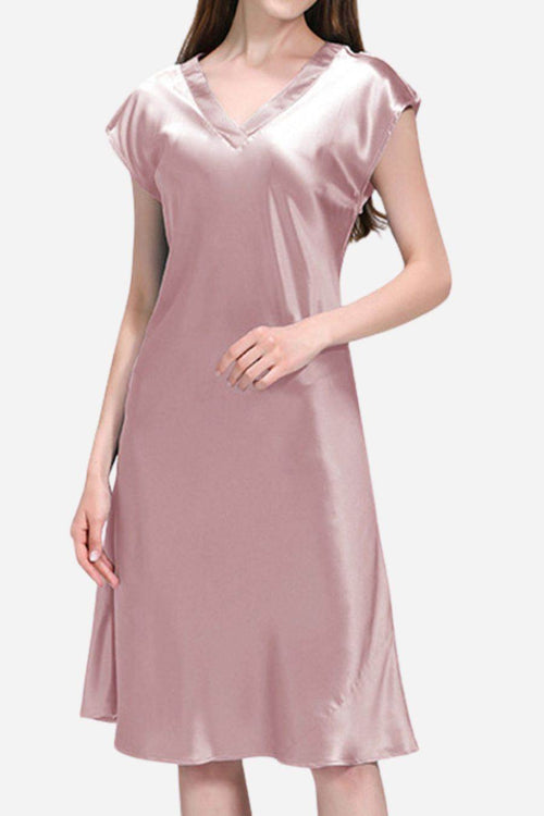 Mulberry Silk V-Neck Nightgown in soft pink, lightweight and breathable luxury sleepwear