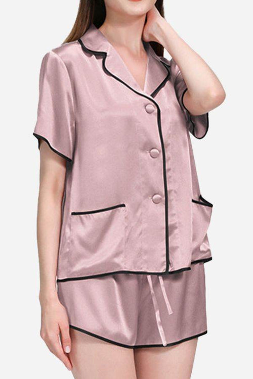 women's pink mulberry silk Hemd trimmed short sleeve pajama set with black piping