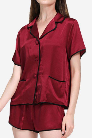Women's Mulberry Silk Hemd pajama set in burgundy with black trim, short sleeves, and shorts