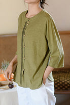 Linen Cotton Classy eco-friendly olive green shirt with button front and 3/4 sleeves for women