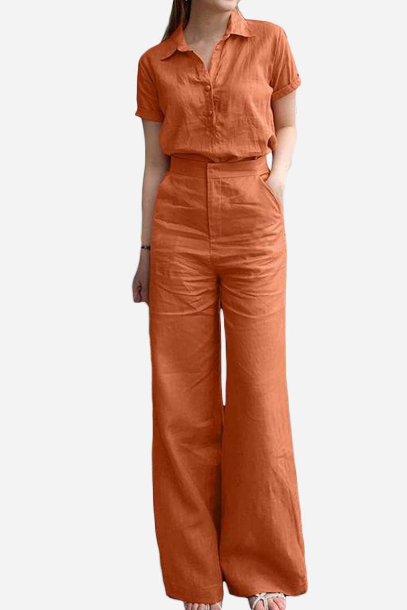 Women's linen-look set in rust color, breathable, comfortable loungewear with stylish wide-leg pants and short-sleeve collared top.