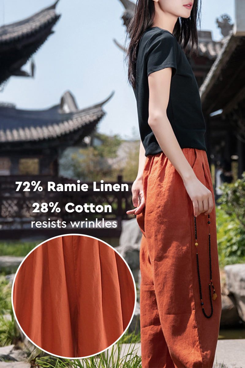 Woman wearing wrinkle-resistant Ramie Linen Cotton Pants made of 72% ramie linen and 28% cotton in outdoor setting
