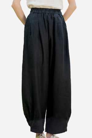 Black Ramie Linen Cotton Pants with relaxed fit and elastic waistband for women