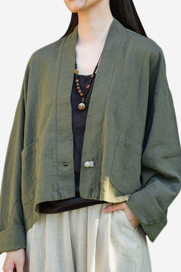 Green ramie linen and cotton relaxed fit open-front cardigan with side pocket and long sleeves