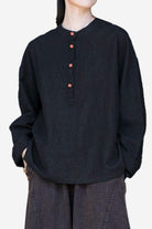 Black Ramie Linen & Cotton blouse with wooden buttons and relaxed fit for all sizes