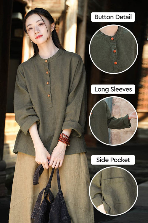 Women’s one size ramie linen & cotton blouse with button detail, long sleeves, and side pocket in olive green.