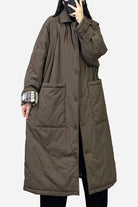 Plus size oversized windbreaker parka long brown coat with large pockets and button closure