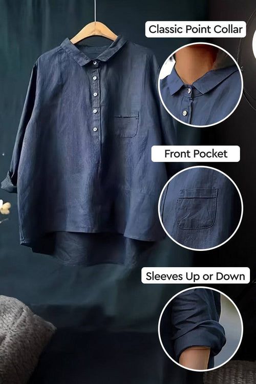 Vintage linen shirt in navy blue with classic point collar, front pocket, and rollable sleeves for casual chic style