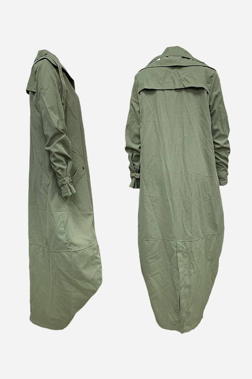 Minimalist hooded coat in olive green with oversized fit, lightweight and travel-friendly design.