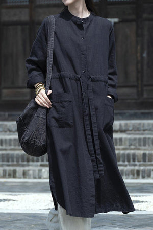 Oversized casual loose black ramie linen cardigan with long sleeves and front pockets