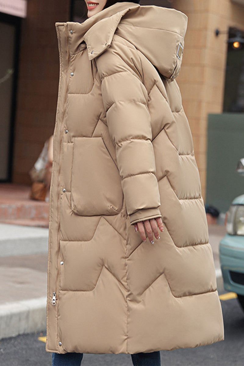 FrostLine Long Coat beige insulated lightweight winter coat with hood and large pockets for cold weather travel and city wear