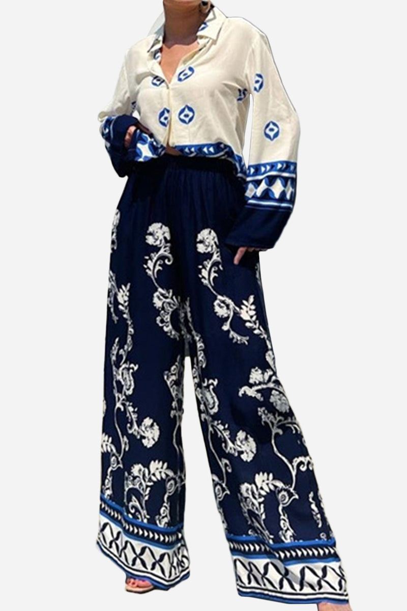 Mediterranean Two-Piece Set with blue-white porcelain print, breathable fabric, and relaxed fit.