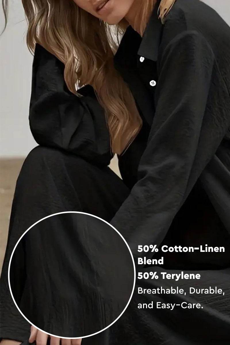 Black cotton-linen two-piece set with breathable, durable fabric and relaxed fit.