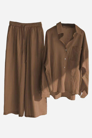 Brown cotton-linen two-piece set with button-up shirt and wide-leg pants