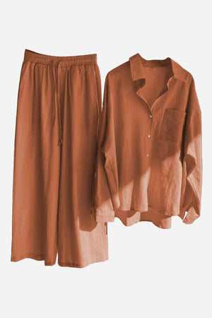 Cotton-linen blend rust-colored two-piece set with loose-fit shirt and wide-leg pants