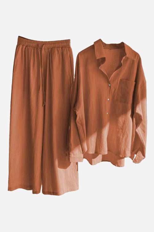 Cotton-linen blend rust-colored two-piece set with loose-fit shirt and wide-leg pants