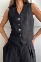 Black Eco Chic Linen Blend two-piece vest and pants set for women, breathable and wrinkle-resistant linen blend fabric, casual yet elegant summer outfit