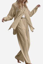 Beige linen blend two-piece set with long-sleeve top and wide-leg pants for women