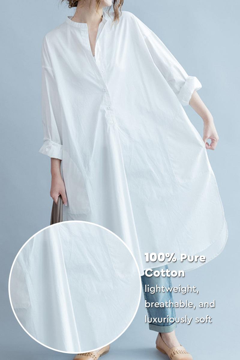 One size pure cotton long shirt with oversized fit, breathable lightweight fabric, and classic button-front design