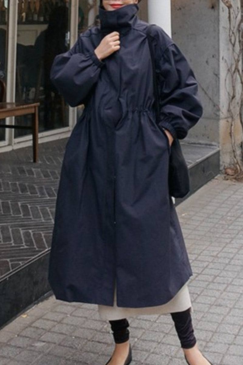 Oversized cotton stain-resistant navy coat with button front and lightweight design for travel