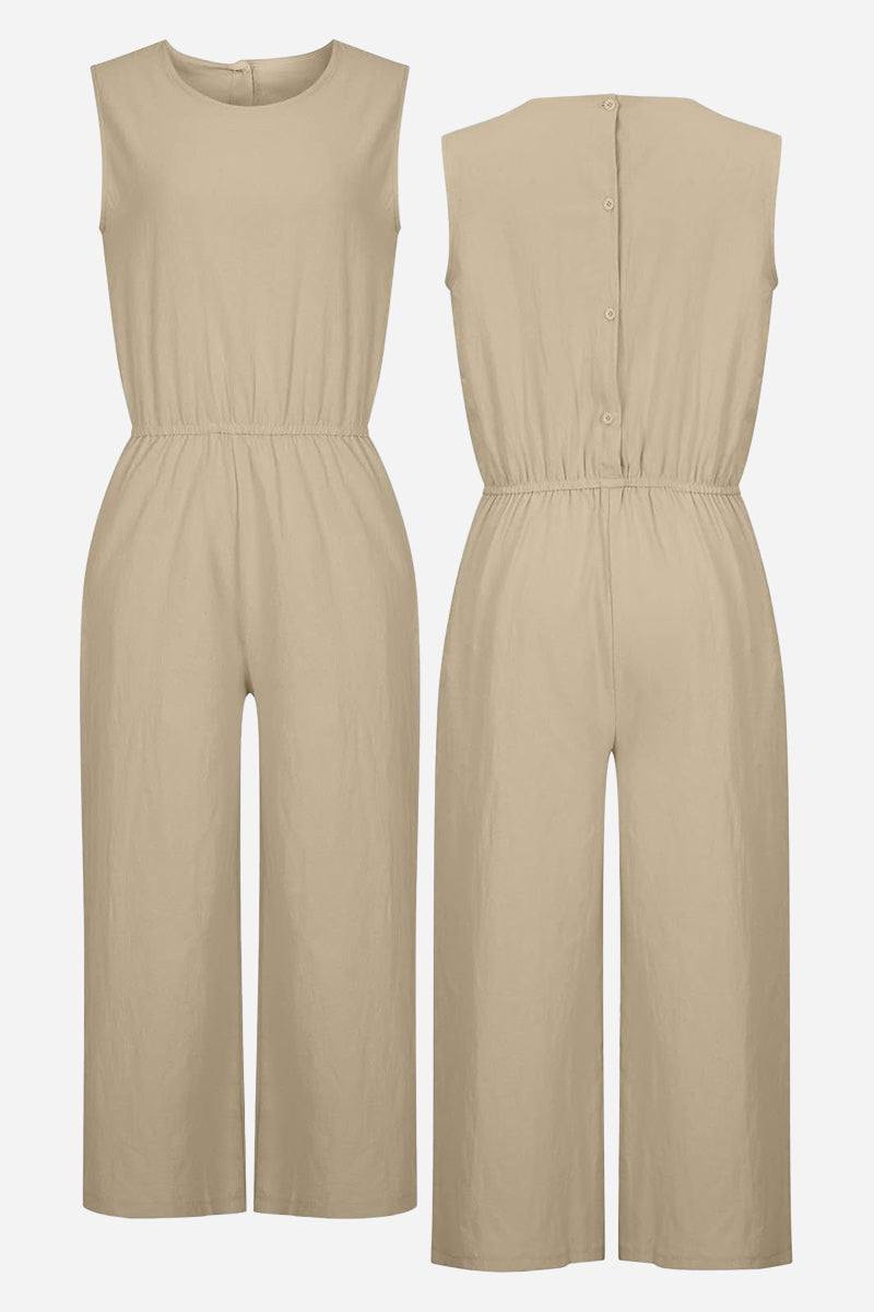 Beige Pure Cotton minimal confidence sleeveless two-piece set with elastic waist, front and back view