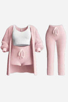 Cloud Soft 4-Piece Collection cozy pink loungewear set with cardigan, tank top, shorts, and pants