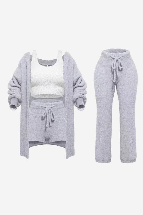 Cloud Soft 4-Piece collection of plush cozy cardigan, tank top, shorts, and pants set in soft lavender color for lounging and travel